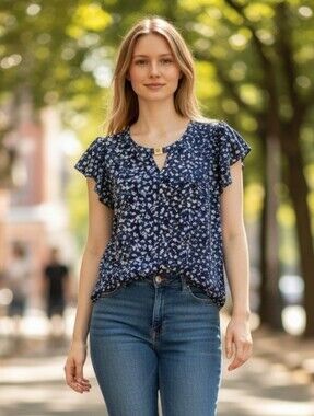 Modern Attraction  Navy Blue Floral Short-Sleeve Top